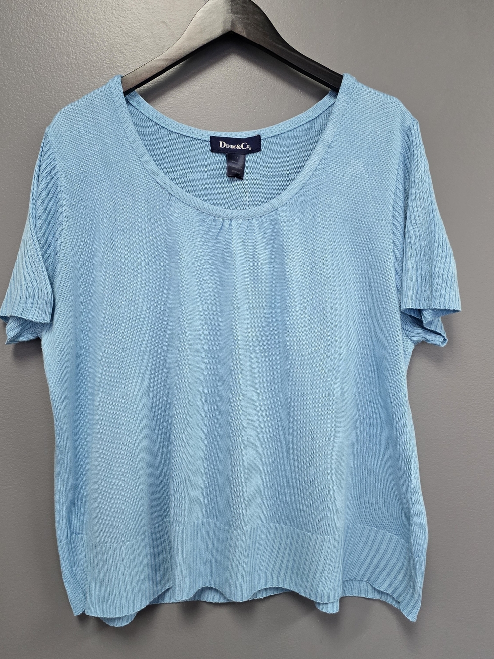Denim & Co. Women's Blue Knit Scoop Neck Short Sleeve Knit Sweater Plus 1X